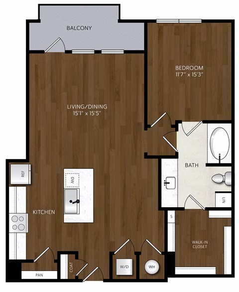 Floor plan for 1 bed, 1 bath, 873 sqft